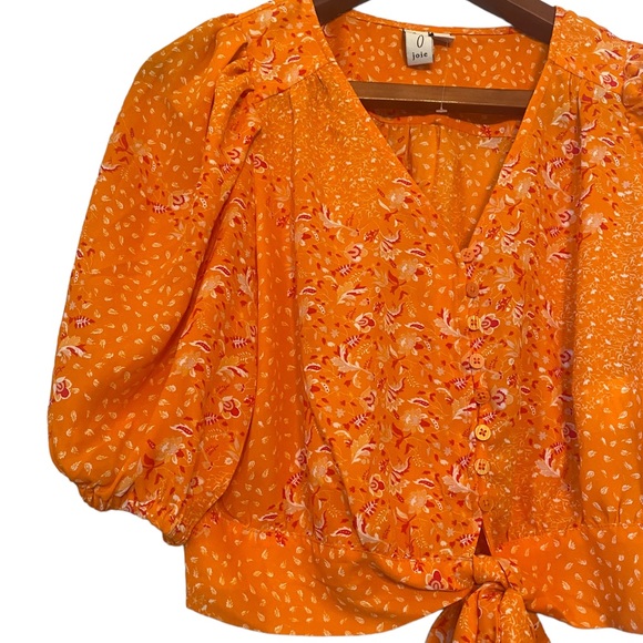 Joie Orange Floral Print Elbow Length Puff Sleeve Crop Top - Picture 2 of 12